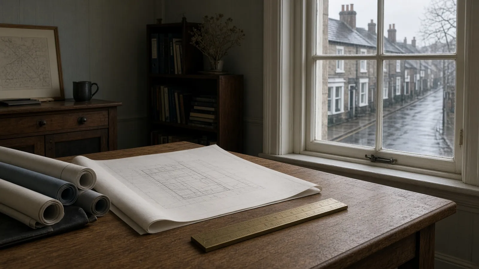 Rolled survey plans and a scale ruler on an oak table in a quiet British drawing office