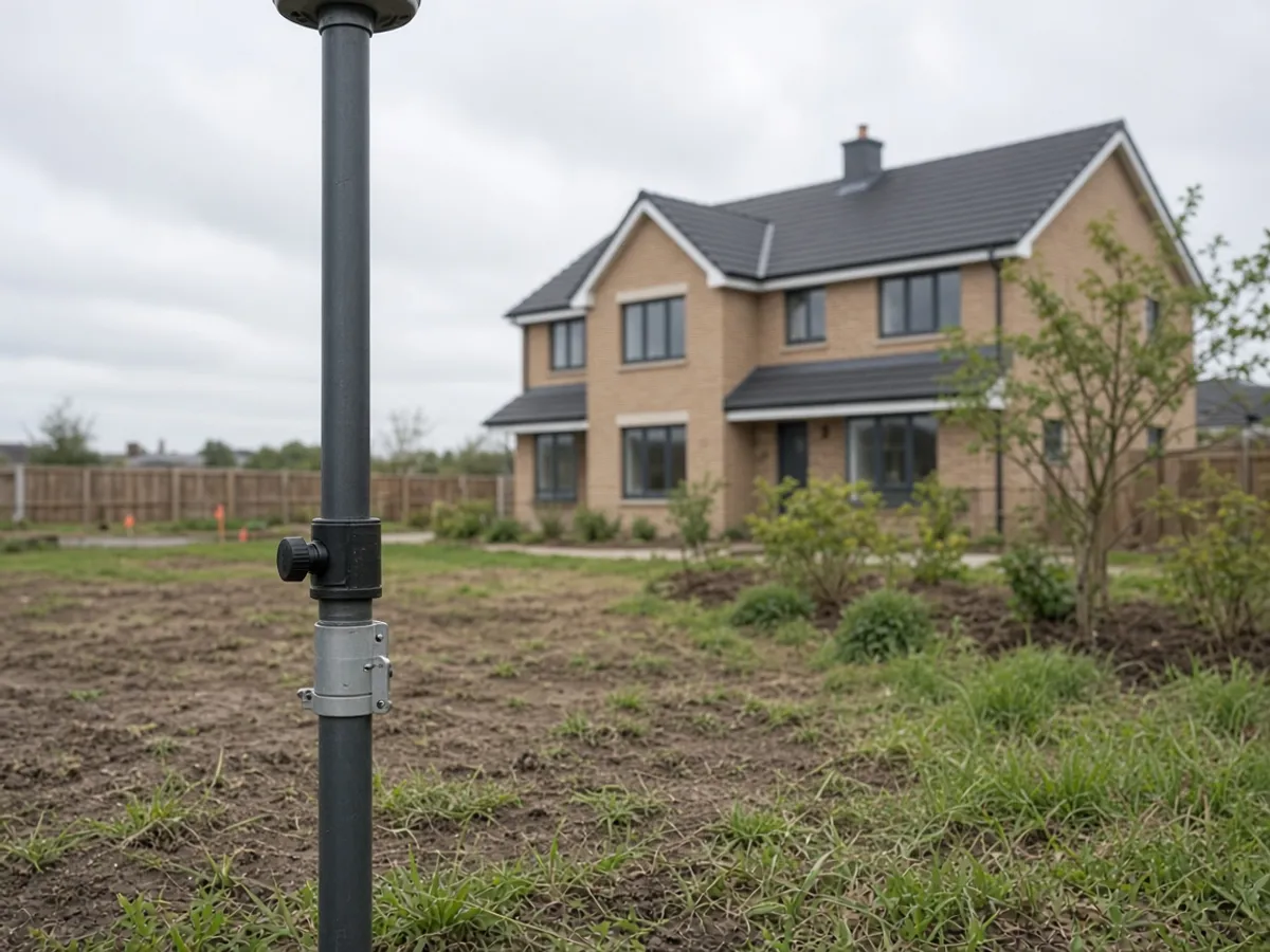 GNSS rover pole standing in a new-build garden on a UK housing plot