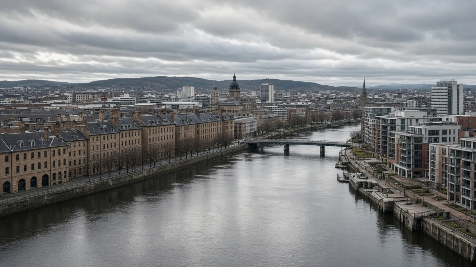 River Clyde waterfront in Glasgow with sandstone warehouses and modern riverside buildings