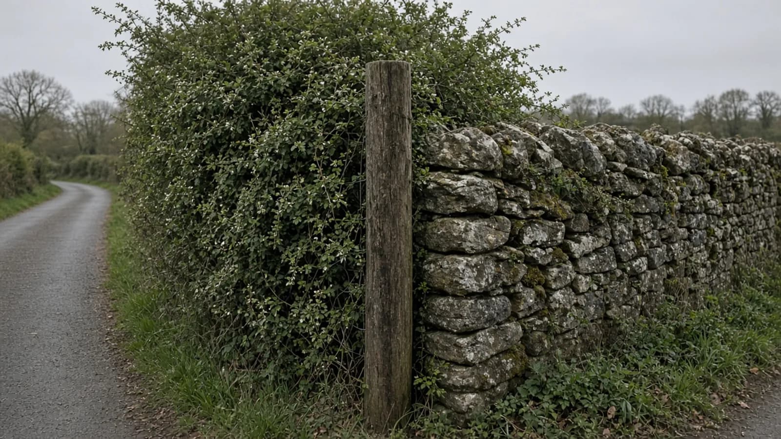 Hawthorn hedge, timber fence and stone wall meeting at a rural English property boundary