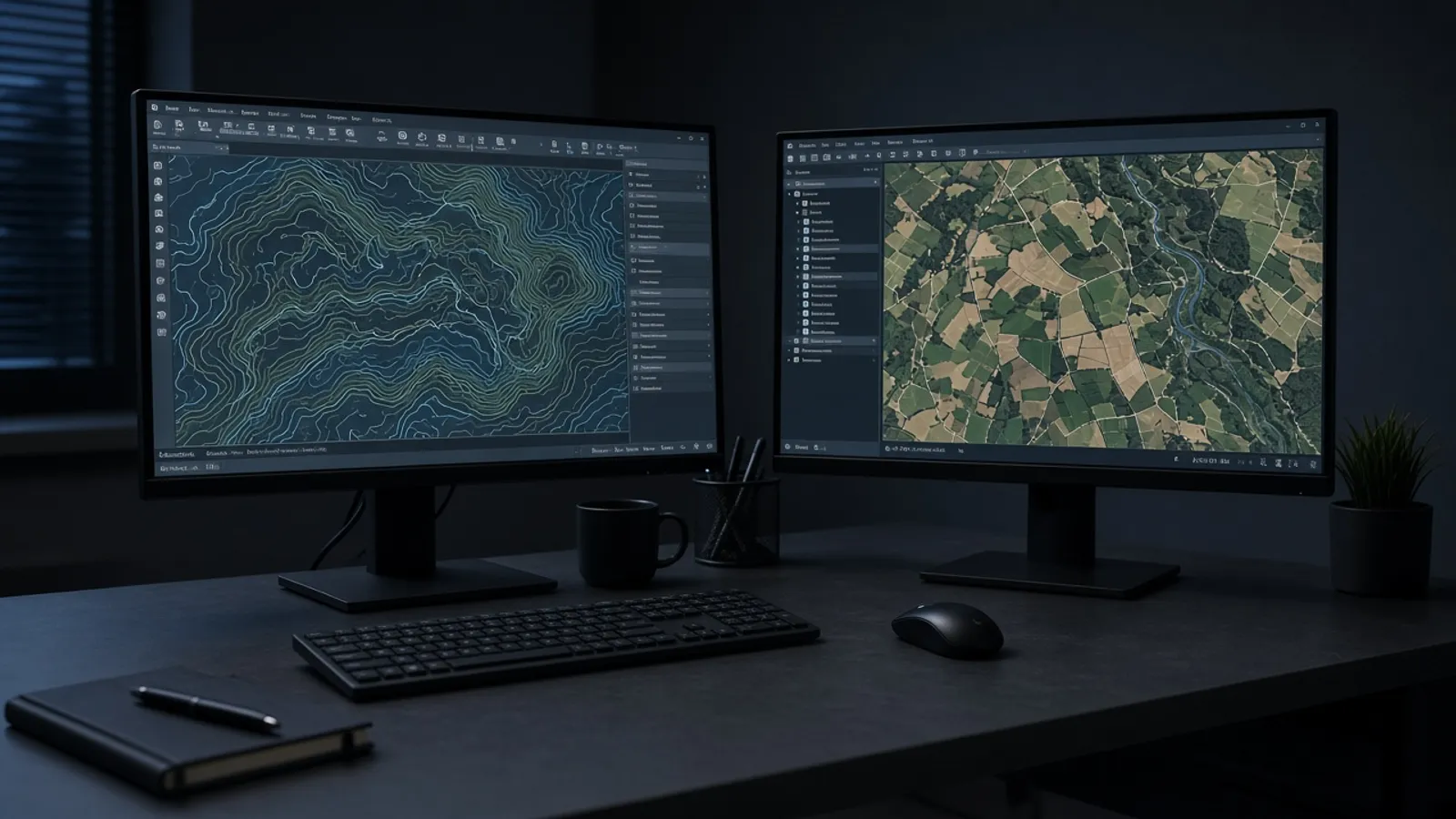 Dual monitors showing CAD contour drawings and a GIS field map in a dark survey office